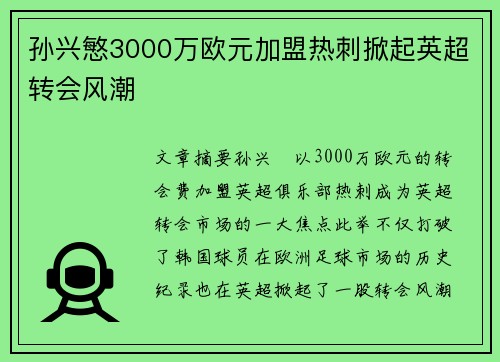 孙兴慜3000万欧元加盟热刺掀起英超转会风潮 孙兴慜3000万欧元加盟热刺掀起英超转会风潮